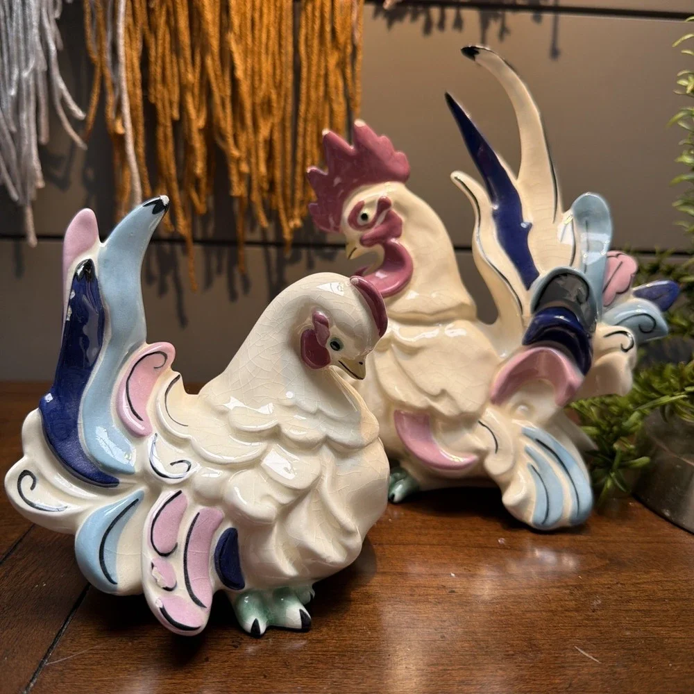 Kay Finch Pair of Chickens-Rooster and hen-gorgeous California pottery vintage